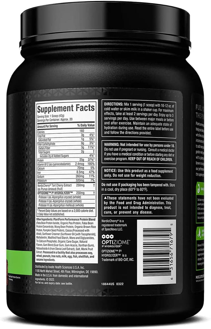 Muscletech Plant-Based Performance Protein Platinum Plant-Based Performance Protein Powder 25G Protein 5 Plant Protein Sources Chocolate Hazelnut Brownie 20 Servings