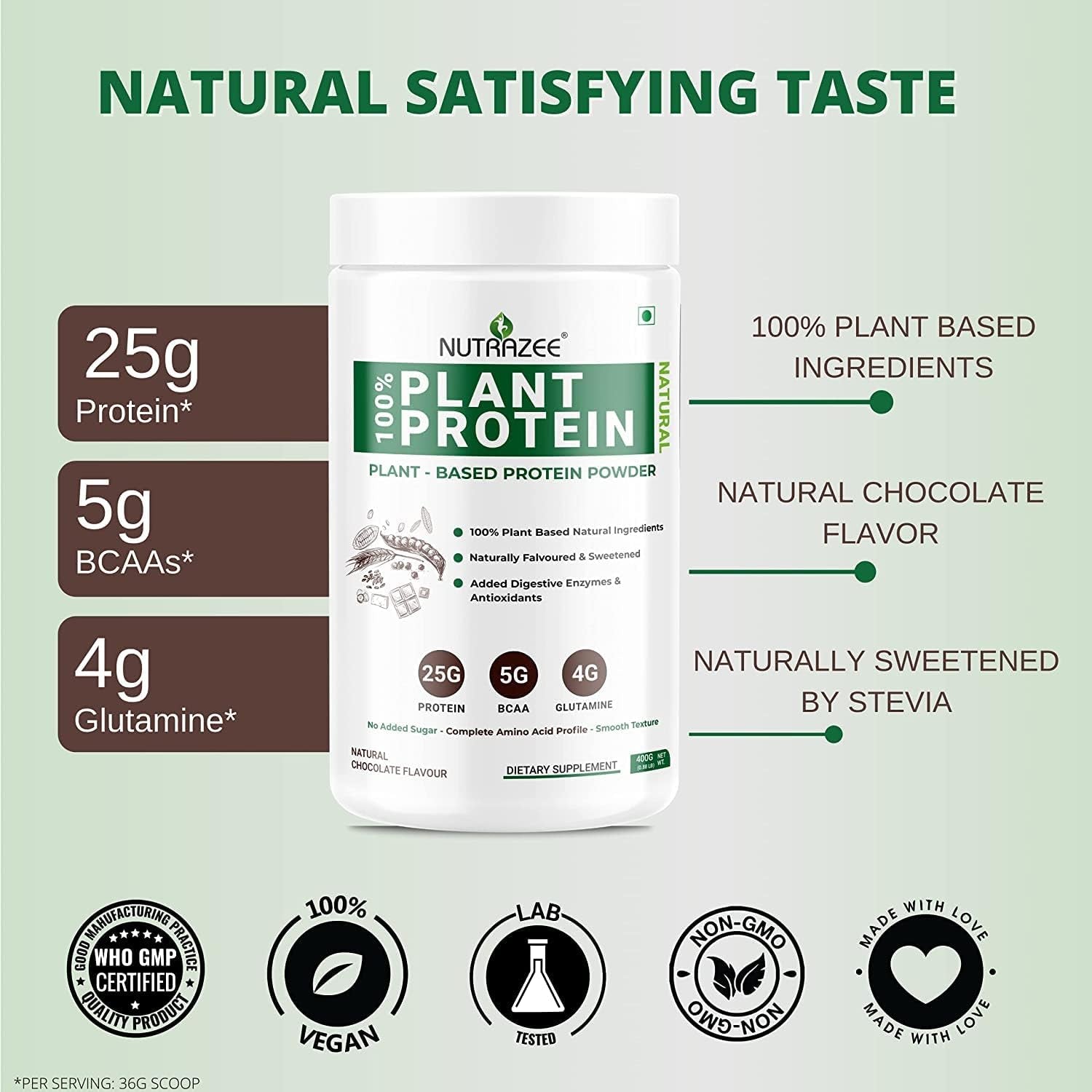 Gamium 100% Plant Protein Powder Vegan - for Men & Women, Natural Chocolate Flavour, Gluten & Lactose Free, Added Digestive Enzymes & Antioxidants (400 G, 11 Servings)