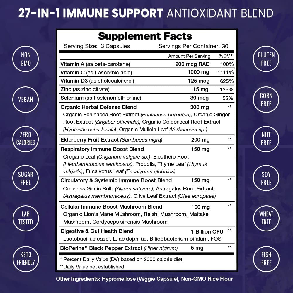 Nutrachamps Immune Boost Support Supplement [Elderberry Extract, Vitamin C, Zinc, Echinacea, Mushrooms & Probiotics] Powerful Multi System Defense Booster Pills | 90 Veggie Capsules