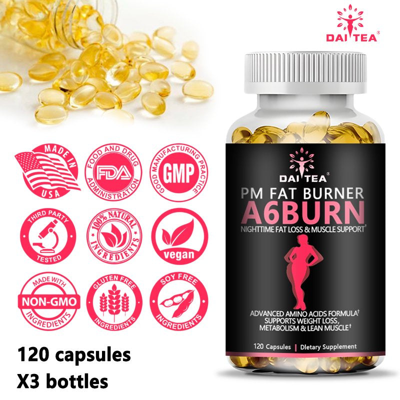 A6Burn,Nighttime Fat Burner, Appetite Suppressant, Lean Muscle Support, Metabolism Booster Diet Supplement-60Capsules