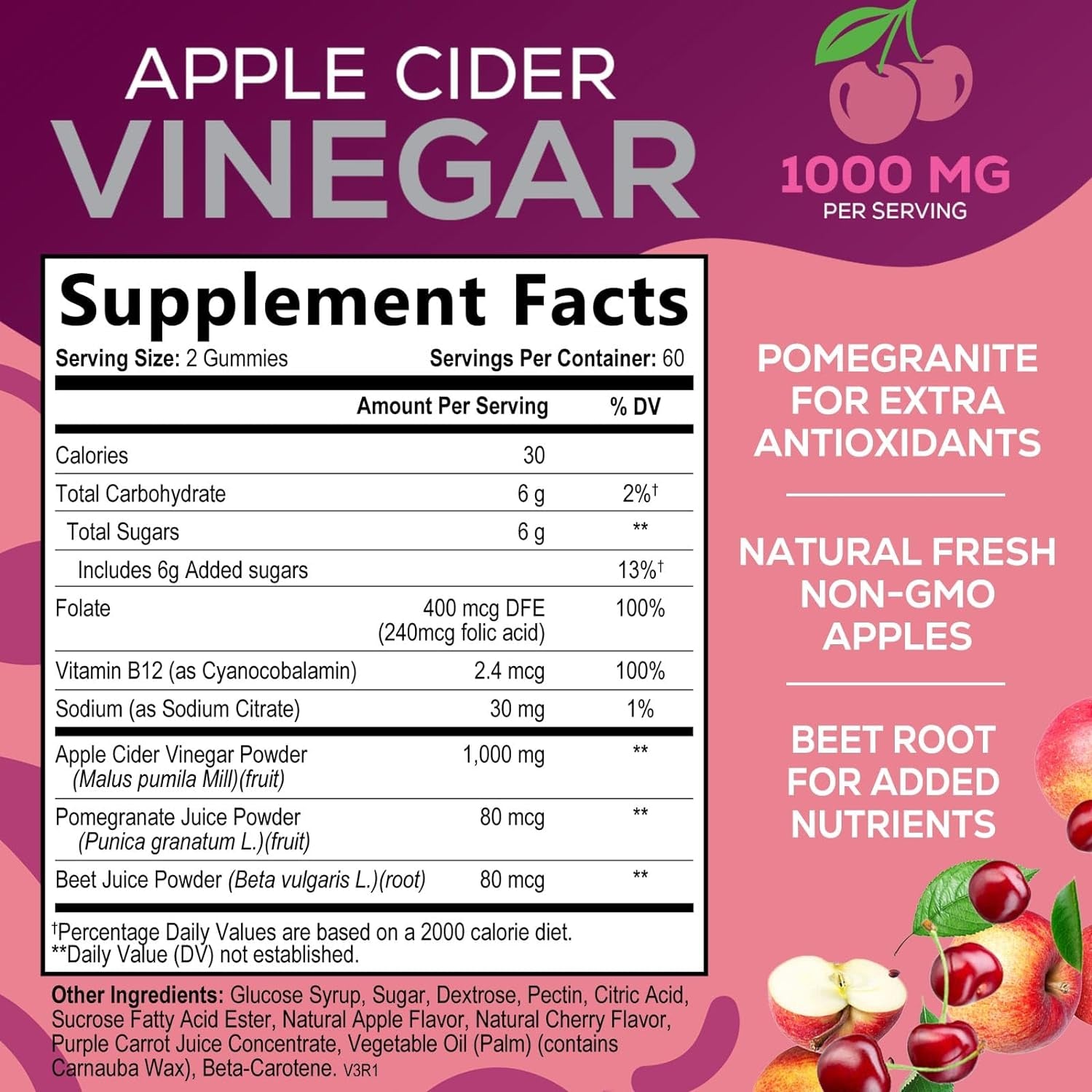 Vegan Apple Cider Vinegar Gummies | Max Strength 1000Mg | Gelatin-Free, Vegan, Non-Gmo, Made with Beet Root & Vitamin B12 for Energy - Supports Digestion, Detox and Cleanse Support - 120 Gummies