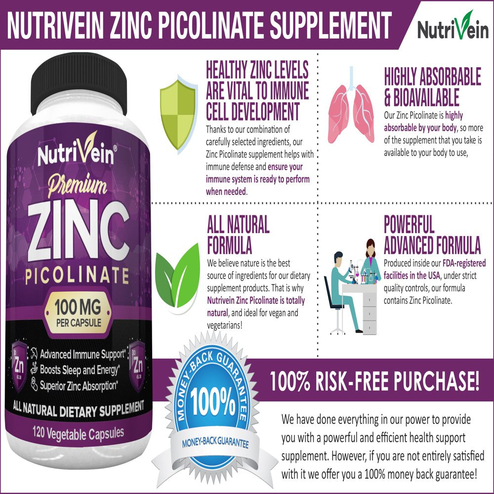 Nutrivein Premium Zinc Picolinate 100Mg - 120 Capsules - Immunity Defense Boost