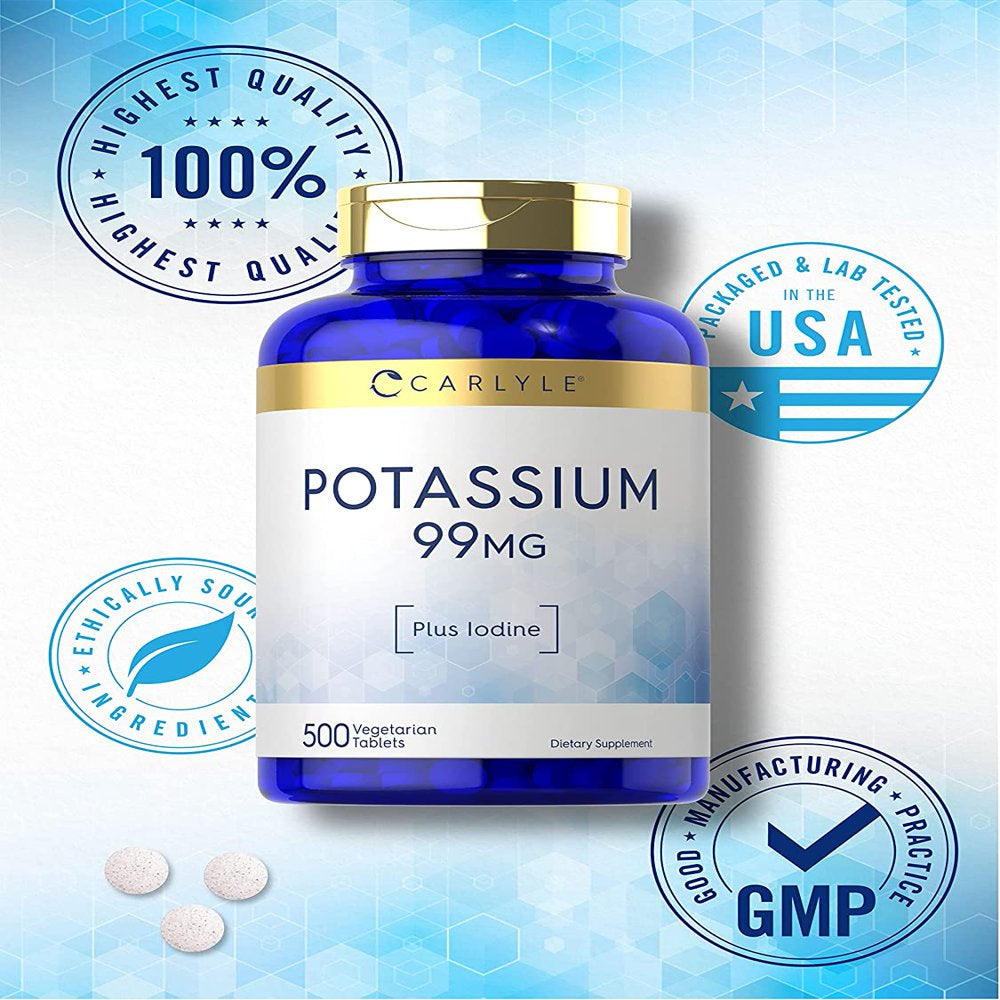 Potassium 99Mg | plus Iodine | 500 Vegetarian Tablets | Non-Gmo and Gluten Free Supplement | by Carlyle