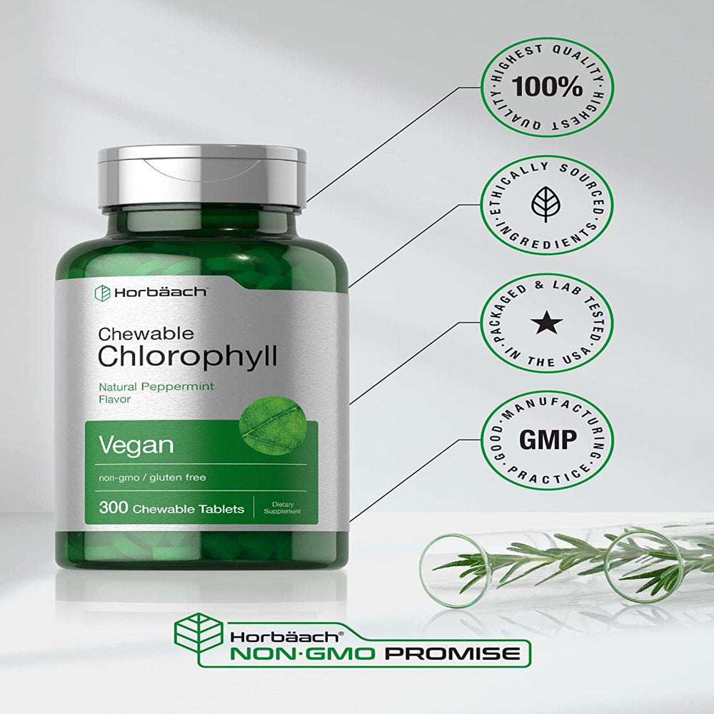 Chlorophyll Tablets | 300 Chewables | Natural Peppermint Flavor | Vegan | by Horbaach