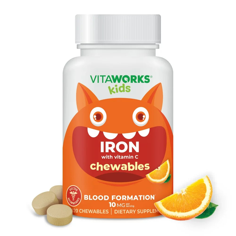 Vitaworks Kids Iron 10Mg W/ Vitamin C 50Mg, Dietary Iron Supplement, Blood Formation, 120 Chewables
