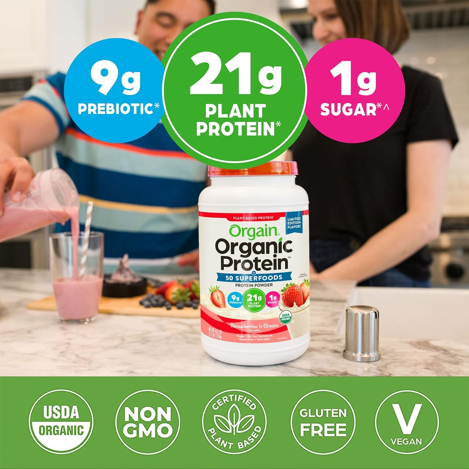 Orgain Organic Vegan Protein Powder + 50 Superfoods, Strawberries and Cream - 21G Plant Based, Gluten Free, Dairy Free, Lactose Free, Soy Free, No Sugar Added, Kosher, with B Vitamins - 2.7Lb