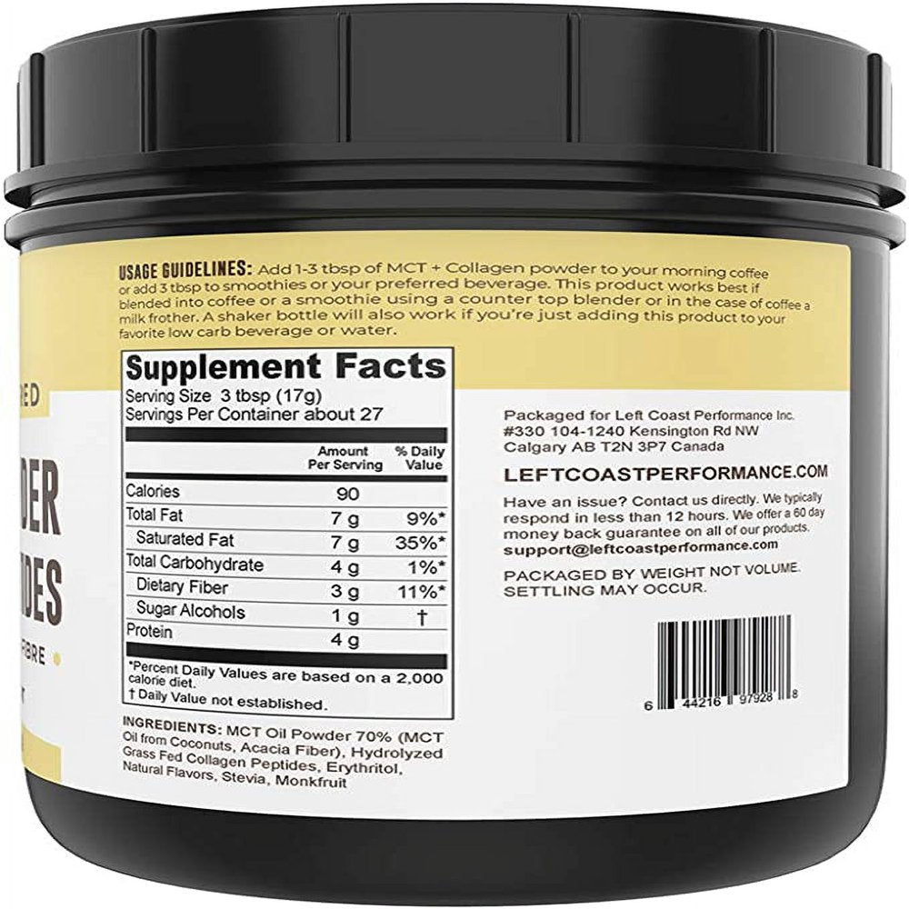 Left Coast Performance MCT Oil Keto Collagen Peptides Powder | Grass Fed Prebiotic Acacia Fibre, Vanilla, 16 Oz