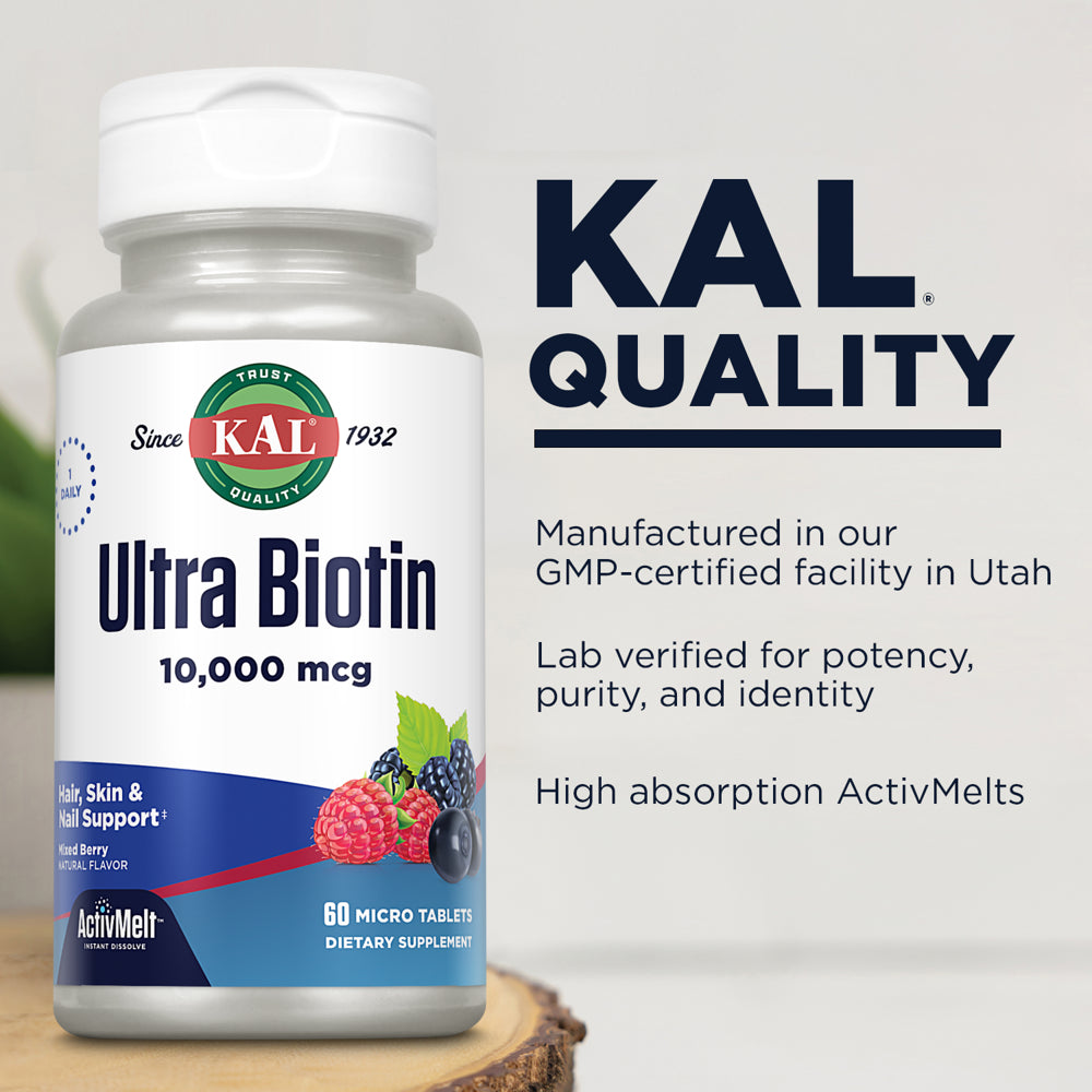 KAL Ultra Biotin 10,000 Mcg Activmelts | Healthy Hair Growth Formula, Skin & Nail Health Support | 60 Tablets