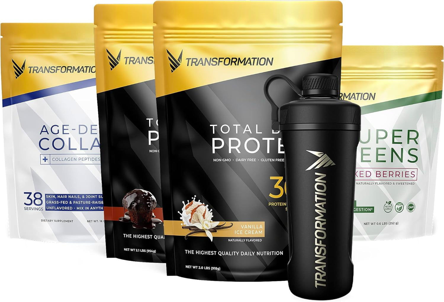 Transformation Vanilla & Chocolate Protein Powder | Super Greens Superfood Green Juice Powder | Grass-Fed Hydrolyzed Collagen Peptides Powder | Transformation Performance Shaker Blenderbottle