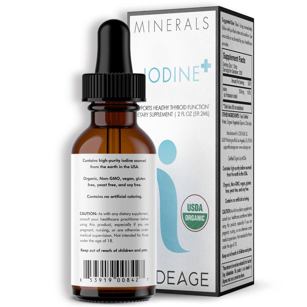 Codeage Iodine + Supplement, USDA Certified Organic, Vegan Liquid Iodine Drops, Mineral Solution, 2 Fl Oz