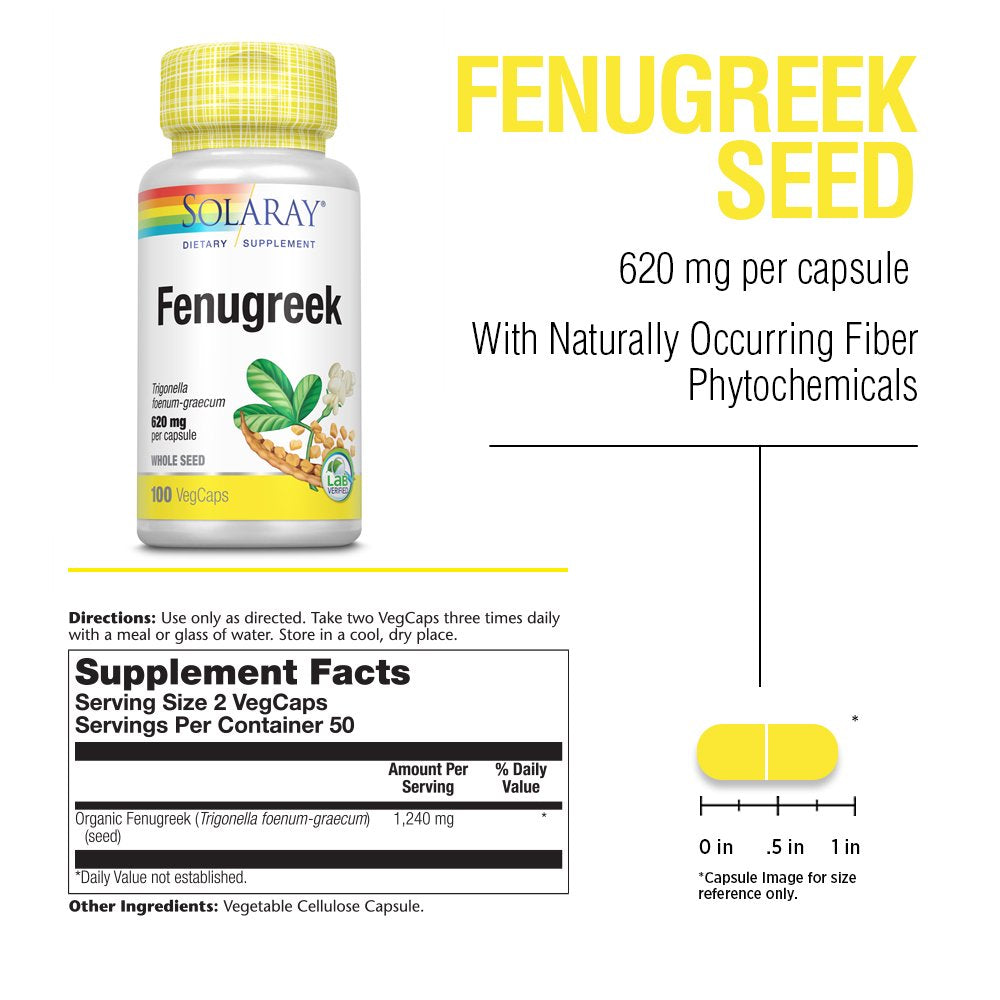 Solaray Fenugreek Seed 620Mg | Healthy Digestion, Blood Sugar & Lactation Support | Non-Gmo & Vegan | 100Ct, 50 Serv