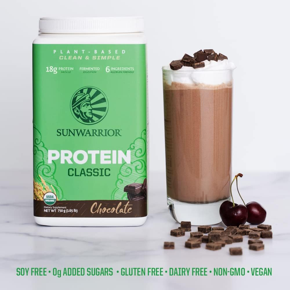 Sunwarrior Chocolate Protein Classic plus with BCAA | Organic Vegan Protein Powder, Chocolate, 750G