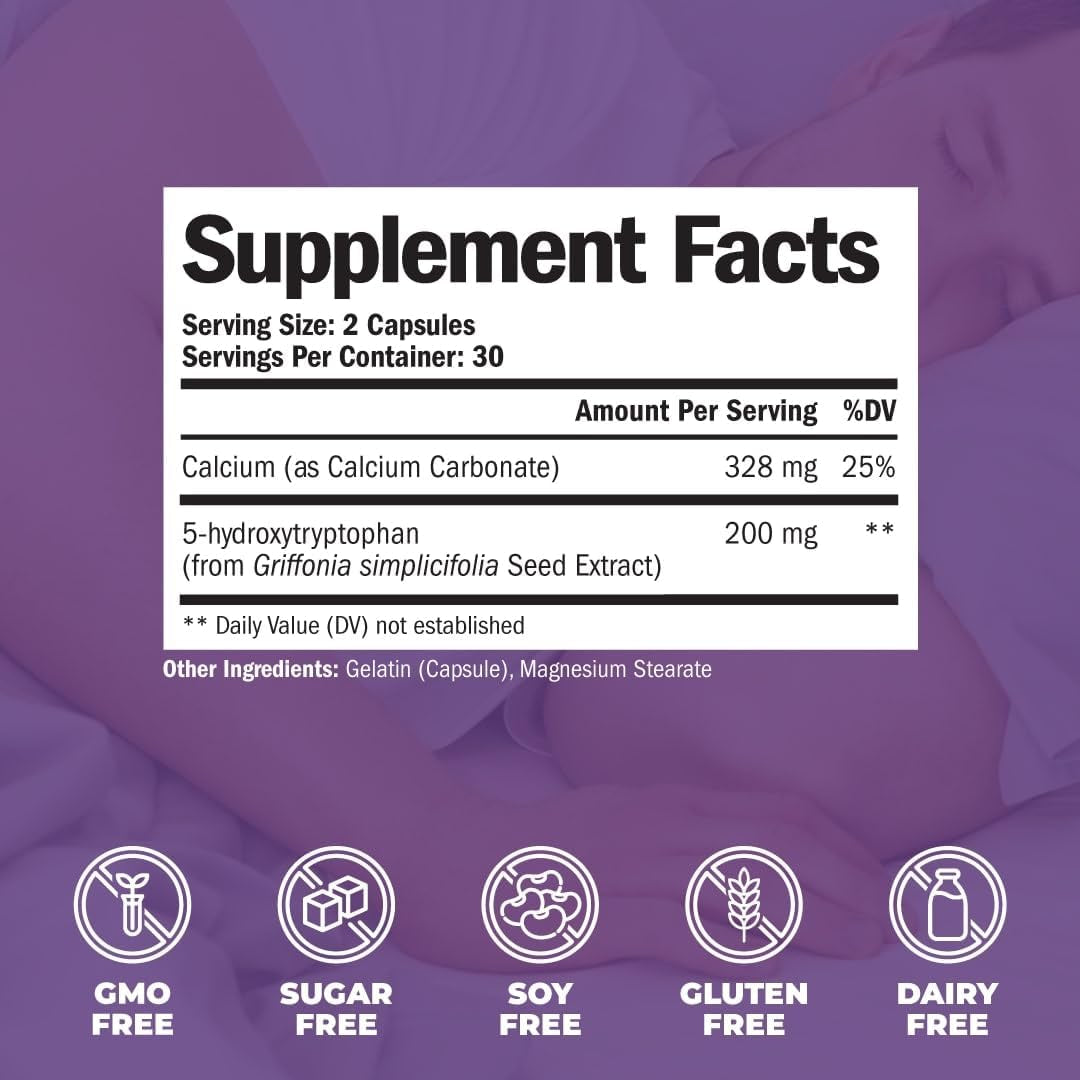 5HTP Serotonin Supplements for Women & Men. Sleep Aid & Occasional Stress Support - 5 HTP plus Supplement 200 Mg with Calcium for Sleep, Calm Mood, & Neurotransmitter Support. 60 Capsules Made in USA