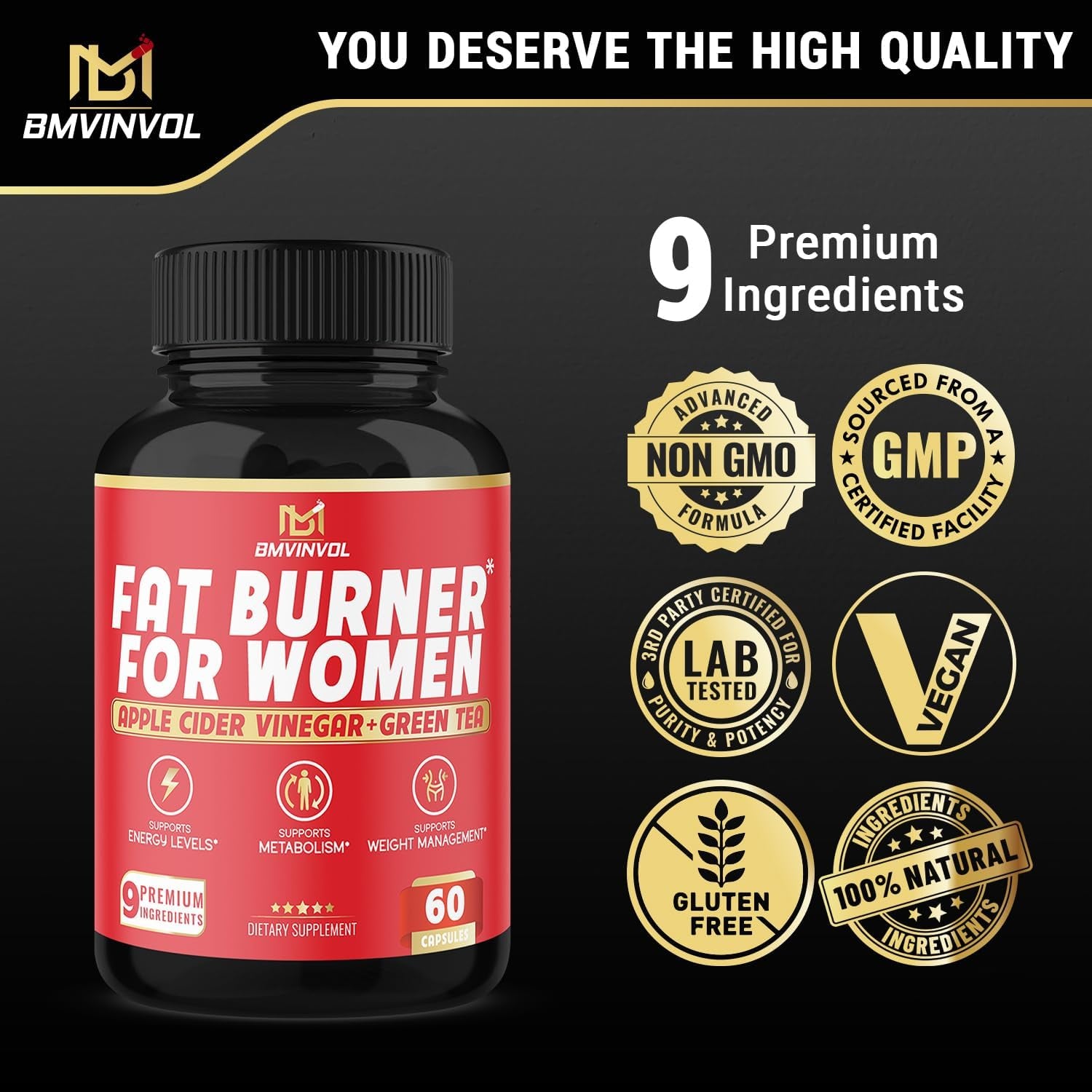 Fat Burner for Women, 9-In-1 Powerful Blend of Apple Cider Vinegar, Green Tea, Garcinia Cambogia, Green Coffee Bean, White Kidney Bean, Coleus Forskohlii, Raspberry Ketones, Olive Leaf