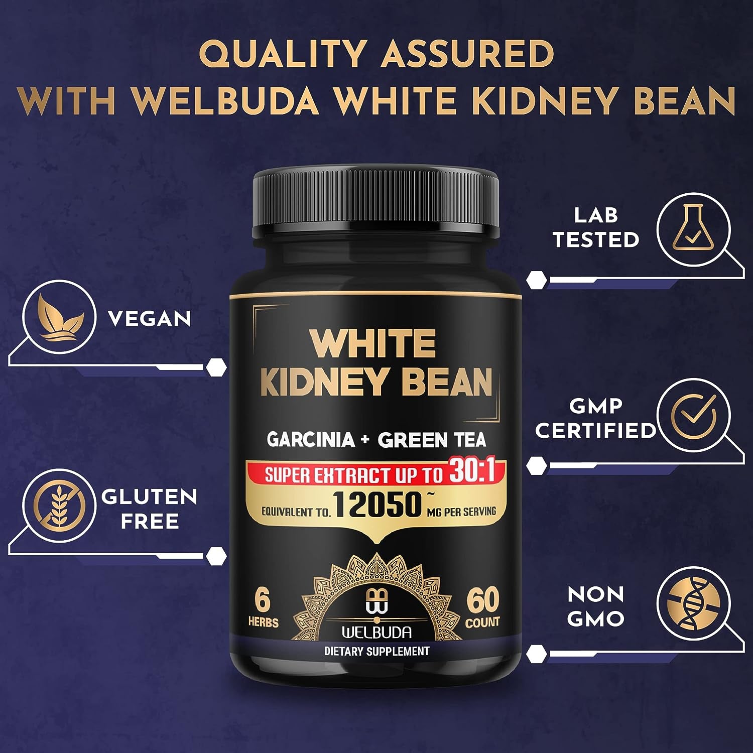 6In1 White Kidney Bean Extract 30:1 Capsules - 12050Mg 60 Counts 2 Months - with Garcinia Cambogia, Green Tea, Olive Leaf, Green Coffee Bean & Black Pepper - Body Health, Strength & Immune Support