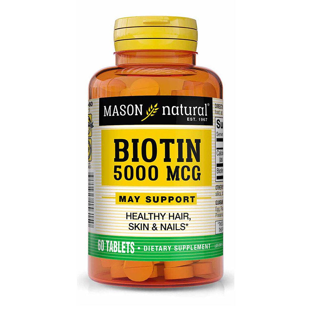 Mason Natural Biotin 5000 Mcg with Calcium - Healthy Hair, Skin & Nails, Premium Beauty Supplement, 60 Tablets
