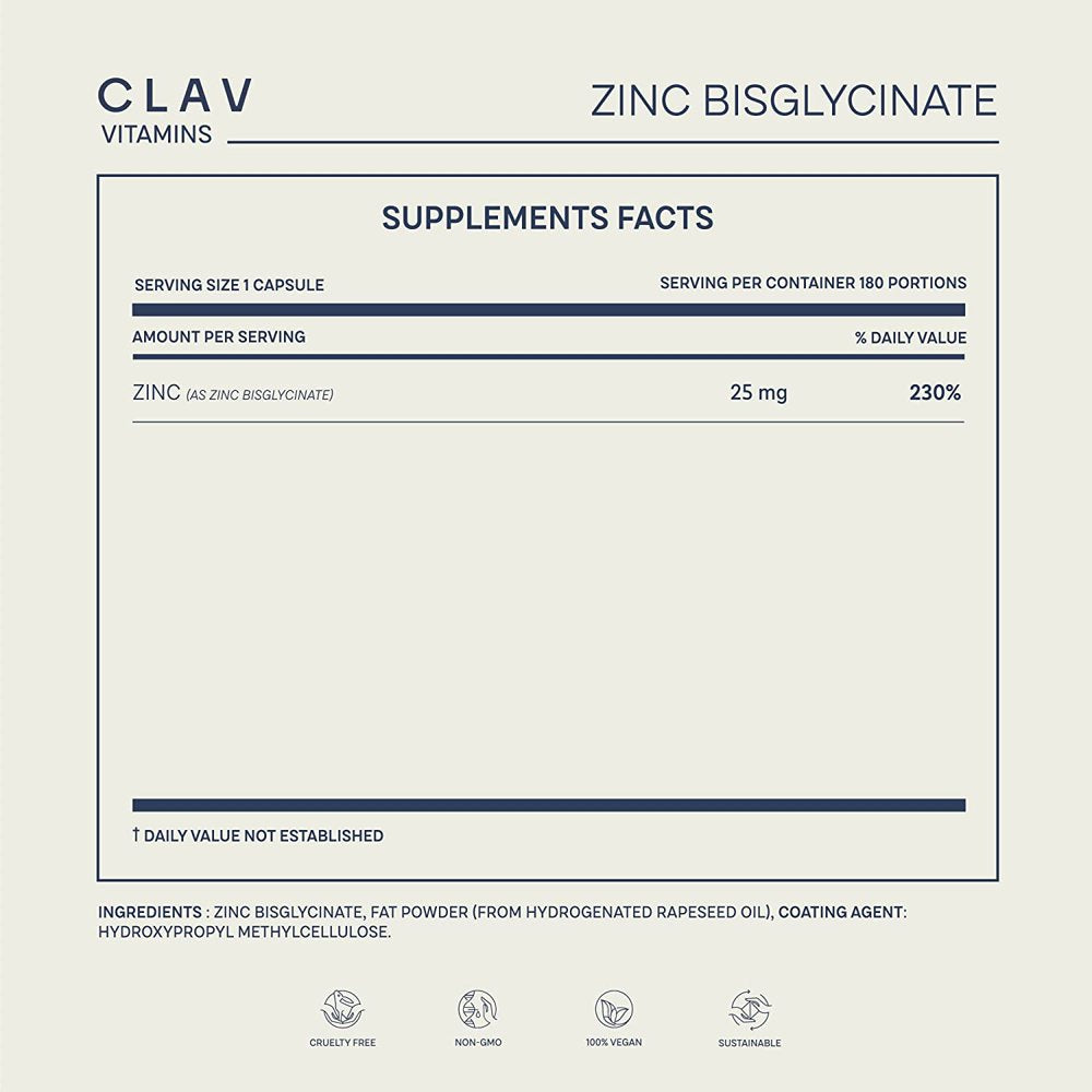 Zinc 25Mg Vegan Certified | 180 Tablets (6 Months Supply) | High Strength Zinc Bisglycinate Supplement | Supports Your Immune System, Hair, Skin & Nails | Highest Bioavailability