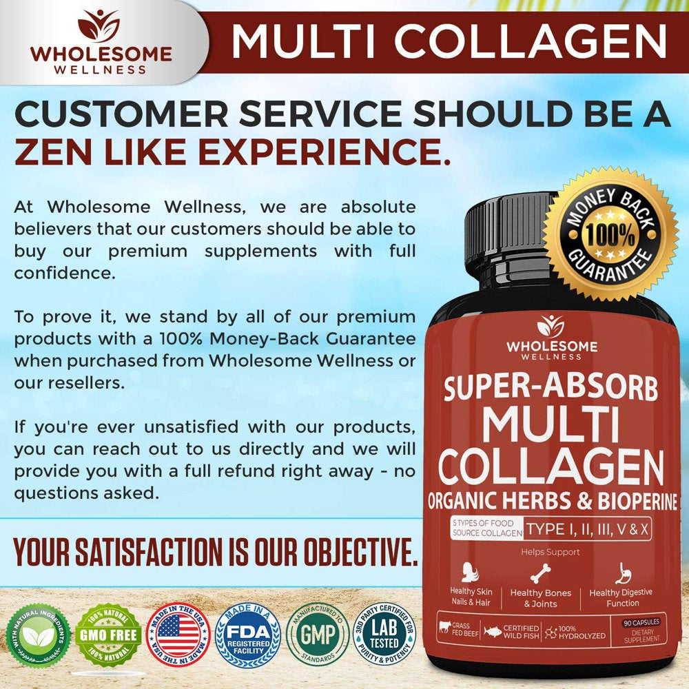 Super-Absorb Multi Collagen Pills (Type I II III V X) Organic Herbs and Bioperine - Anti-Aging, Hair, Skin, Nails, Joints - Hydrolyzed Collagen Peptides Protein Supplement for Women Men (9