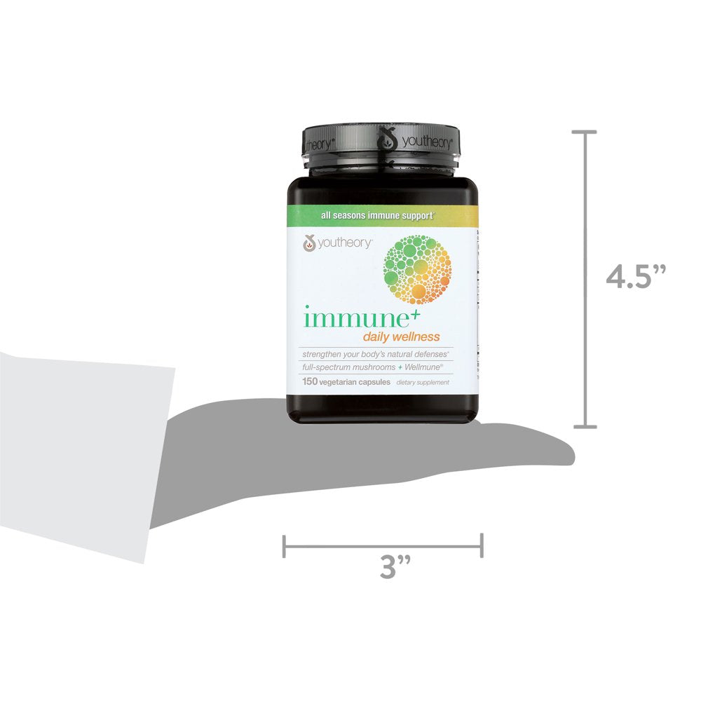 Youtheory Immune+ Daily Wellness- Organic Mushrooms- Beta Glucan- Vitamin C, D3 & Zinc 150 Vegetarian Caps