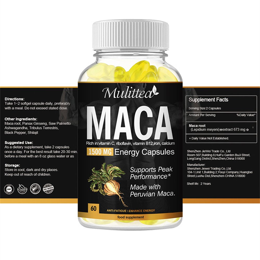 Mulittea 100% Pure Maca Root Extract Capsules 1500Mg, Enhancing Energy Male Supplement, Non-Gmo