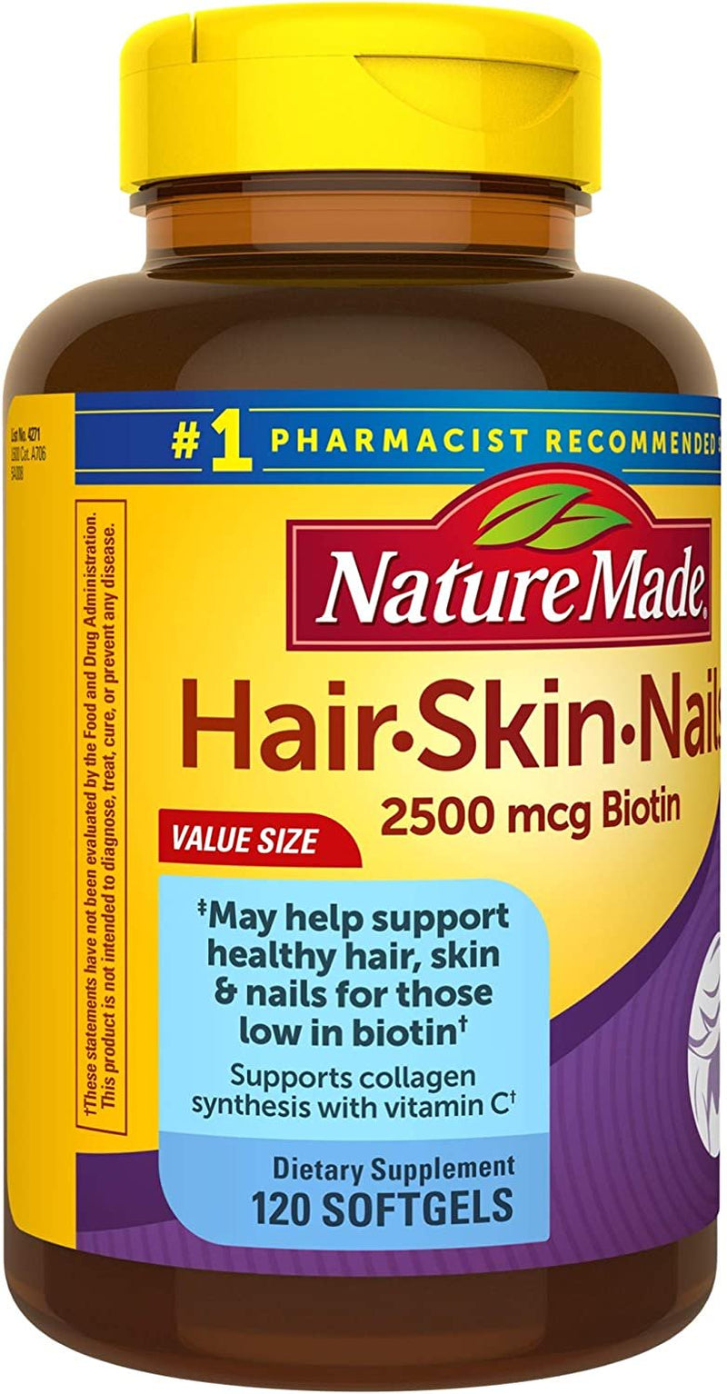 Nature Made Hair Skin and Nails with Biotin 2500 Mcg, Dietary Supplement for Healthy Hair Skin and Nails Support, 120 Softgels, 120 Day Supply