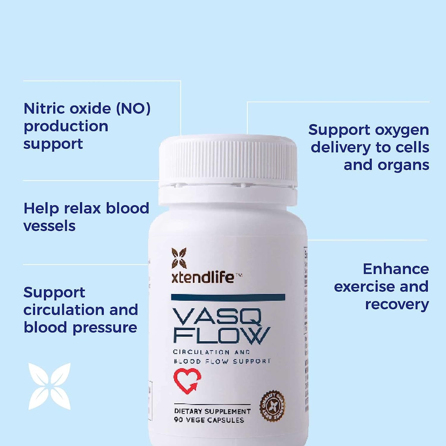 Xtendlife Vasqflow Circulation and Blood Flow Support - Nitric Oxide Supplement to Improve Nitric Oxide, Oxygen Flow, Healthy Blood Pressure & Immunity | 100% Vegan, Non-Gmo (90 Count)