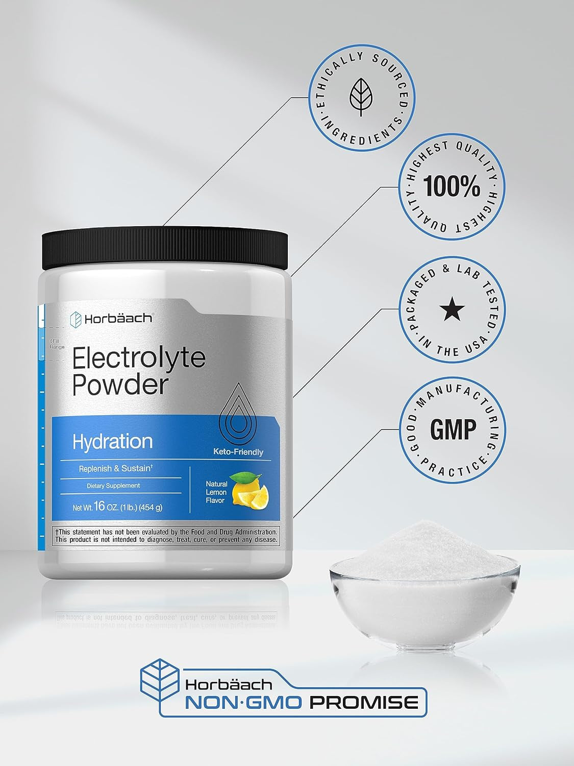 Electrolytes Powder | 16 Oz | 130 Servings | Hydration Supplement | Vegetarian | Keto-Friendly | Non-Gmo, Gluten Free Formula | Natural Lemon Flavor | by Horbaach