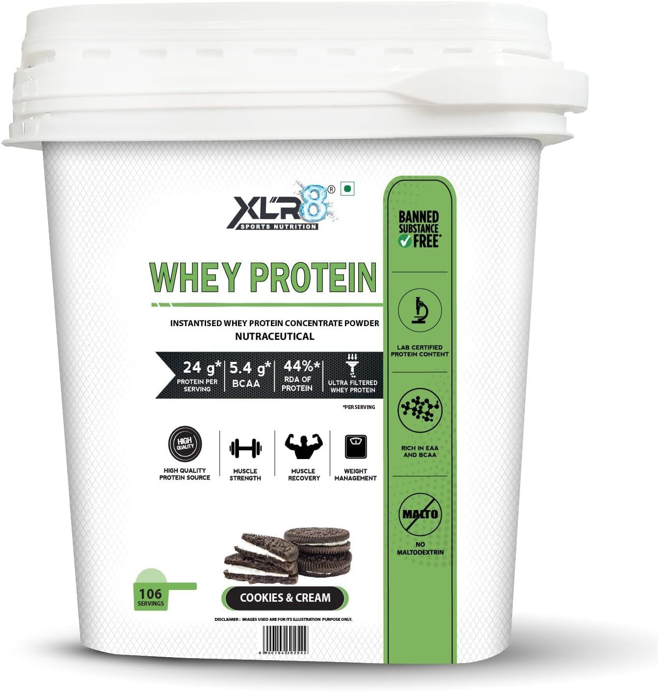 Gamium Whey Protein with 24 G Protein, 5.4 G BCAA - 8 Lbs (Cookies & Cream Flavour) 3.62 Kg