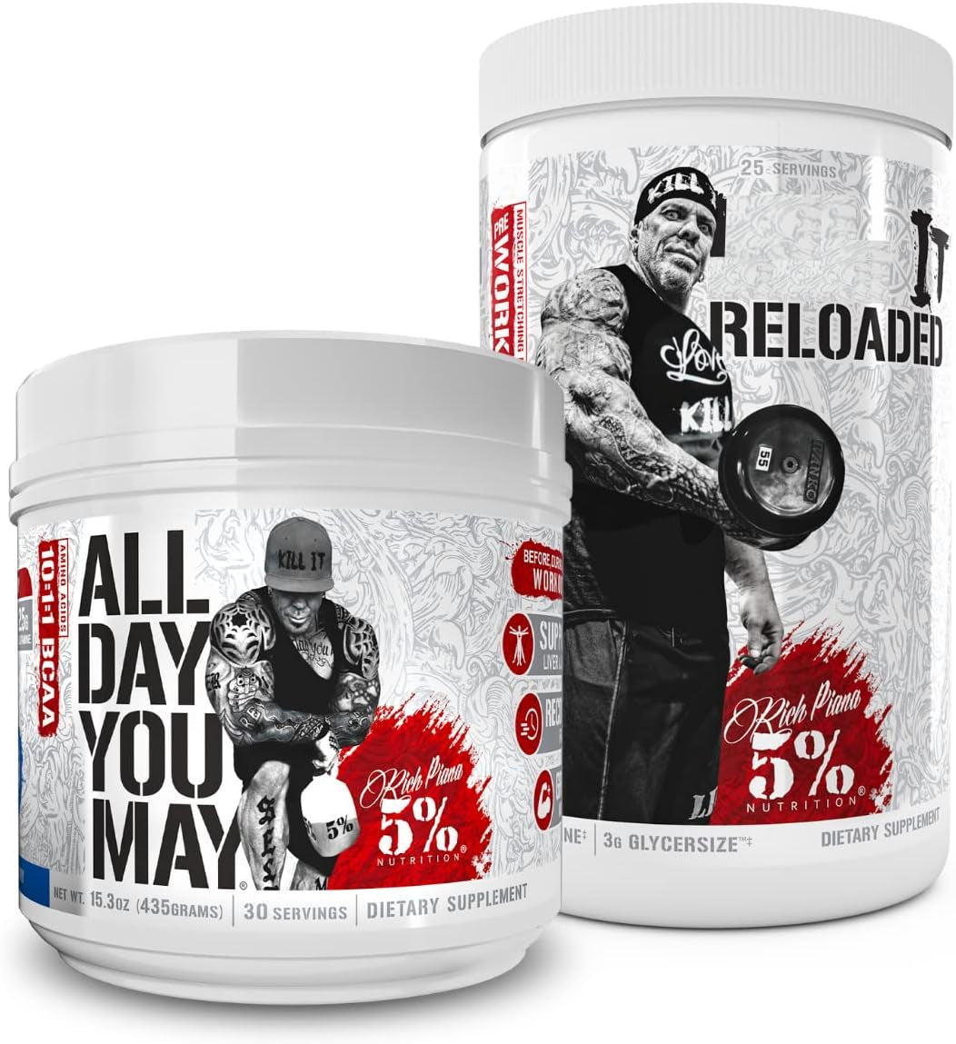 5% Nutrition Rich Piana Bundle | Alldayyoumay BCAA Powder + Kill It Reloaded High-Stim Pre-Workout (Blue Raspberry)