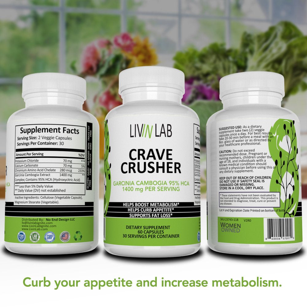 Livin Lab Crave Crusher | Garcinia Cambogia 95% HCA | Appetite Suppressant | Lose Weight Fast | Boost Metabolism