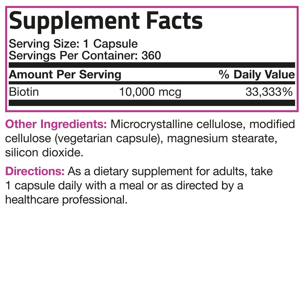 Bronson Ultra Biotin 10,000 Mcg Hair Skin and Nails Supplement, Non-Gmo, Gluten Free, Soy Free, 360 Vegetarian Capsules