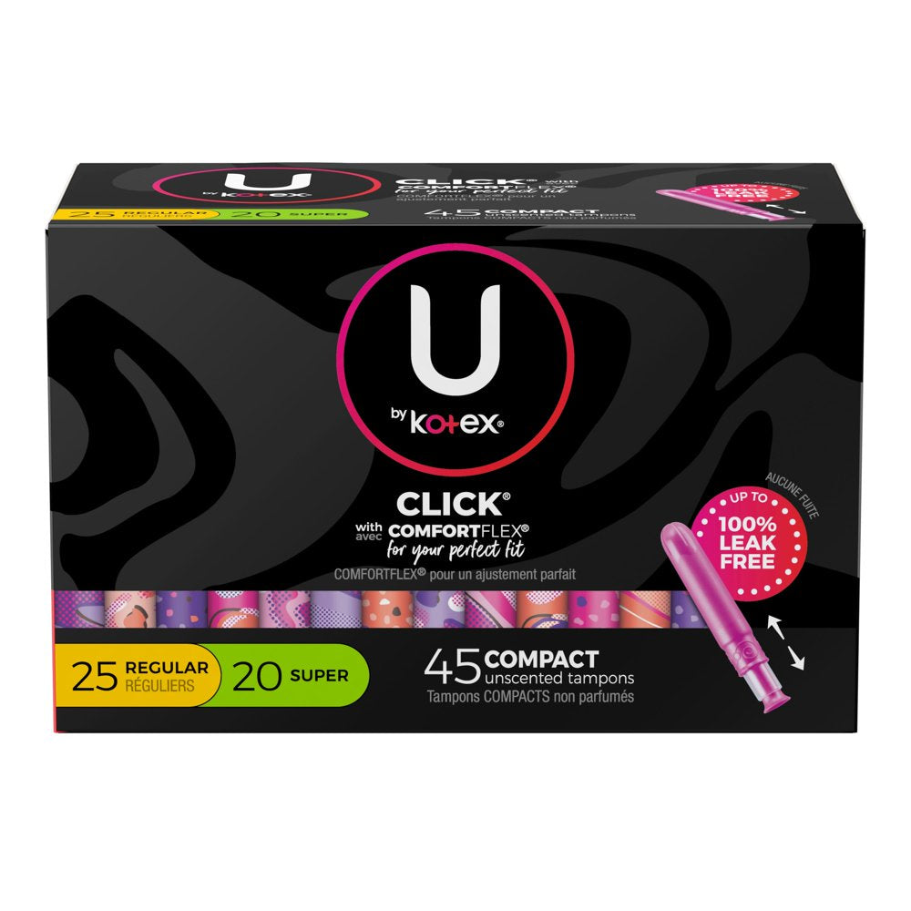 U by Kotex Click Compact Multipack Tampons, Regular/Super, Unscented, 45 Count