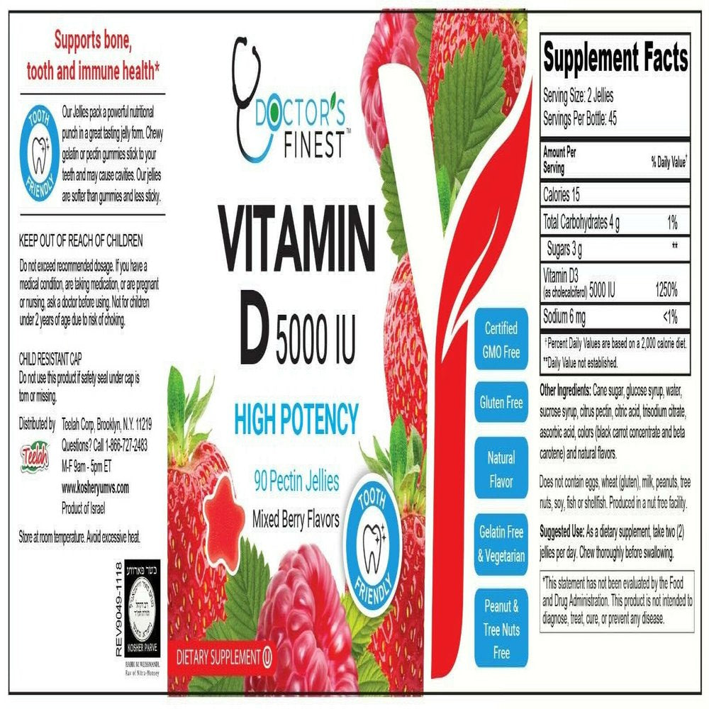 Doctors Finest Kosher Vitamin D3 5000 IU for Adults Gummies - Mixed Berry Flavor - 90 Jellies