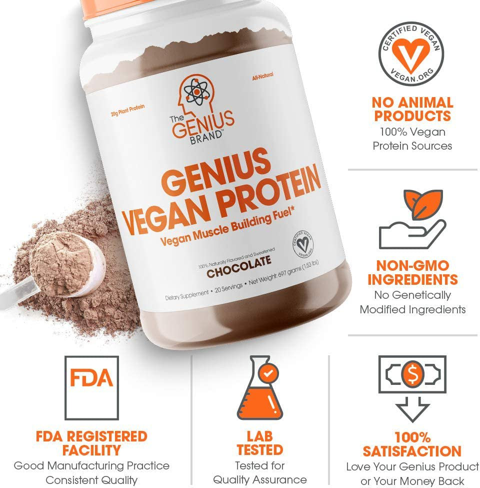 Vegan Protein Powder for Lean Muscle Building - Plant-Based & Non-Gmo Ingredients, Chocolate, Genius Vegan Protein by the Genius Brand