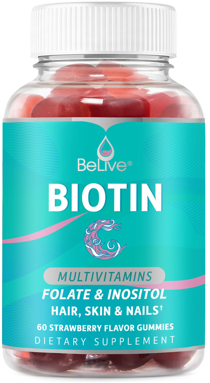 Belive Biotin Gummies with Multivitamins, Folate, Inositol – Supports Hair Growth, Healthy Skin & Nails – Vegan – Strawberry Flavor (60 Count)