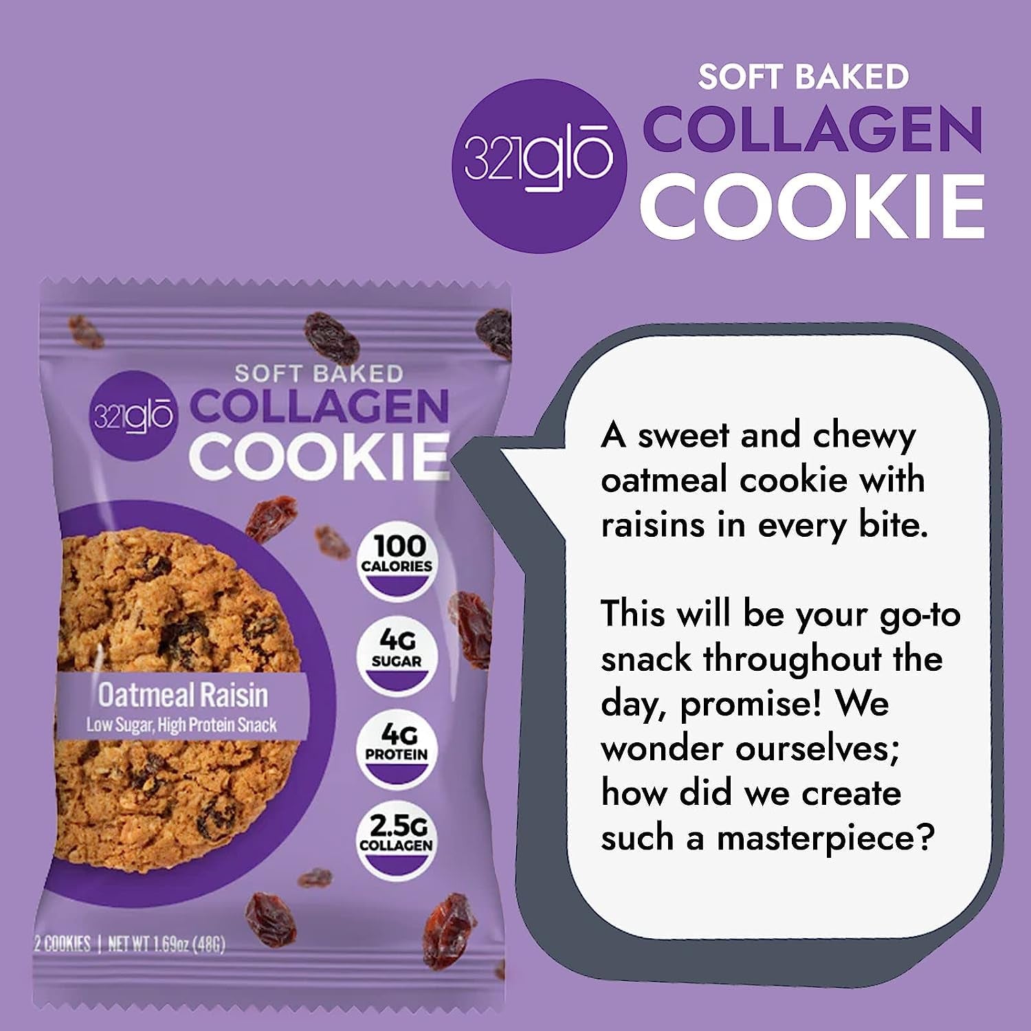 321Glo Collagen Cookies | Soft Baked, High Protein Cookies | Low Carb, Low Sugar | Keto Snack for Women, Men, & Kids | 12 Pack (Oatmeal Raisin)