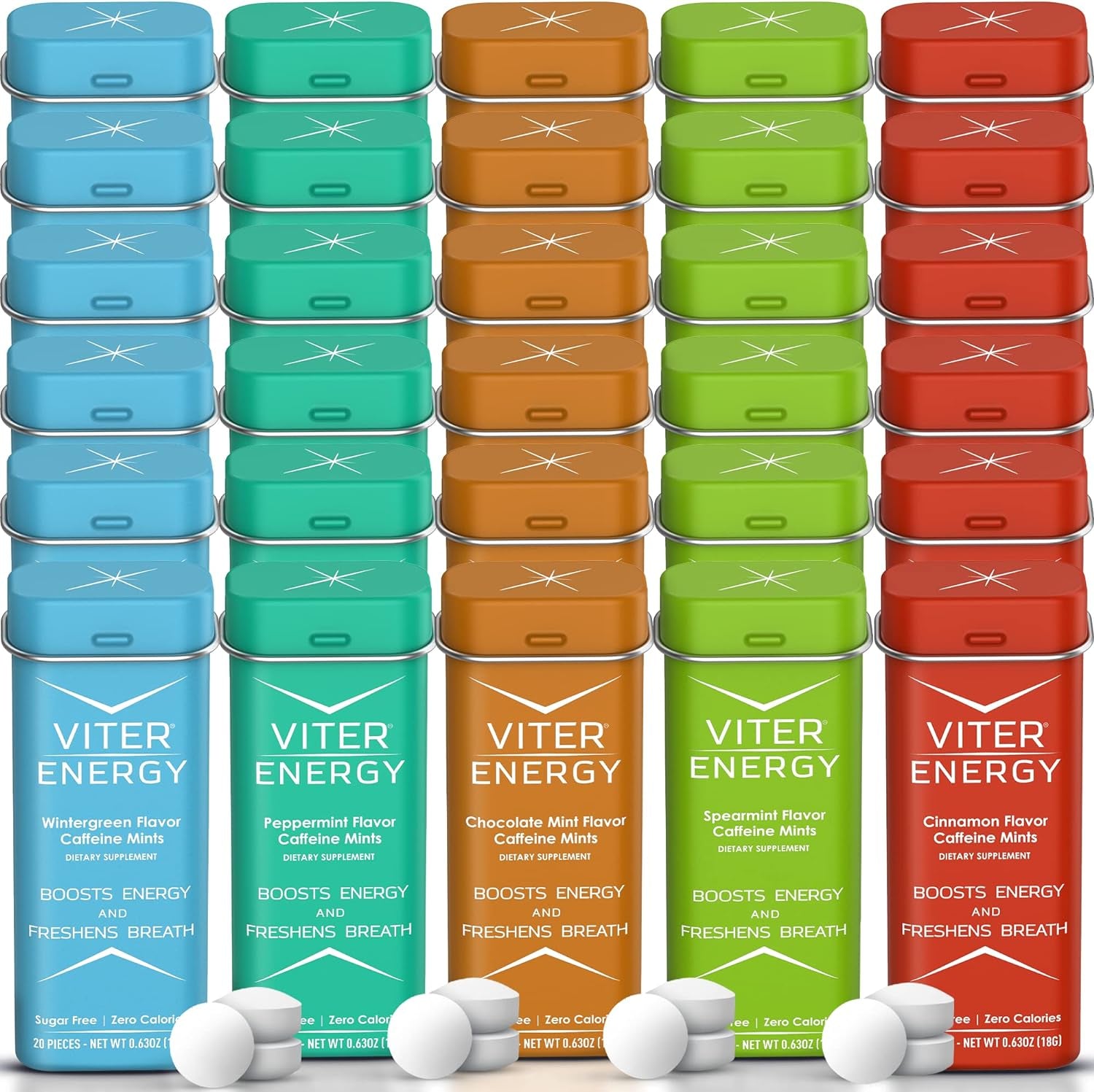 Viter Energy Original Caffeine Mints All 5 Flavors 6 Pack Bundle for 30 Total Packs - 40Mg Caffeine, B Vitamins, Sugar Free, Vegan, Powerful Energy Booster for Focus and Alertness