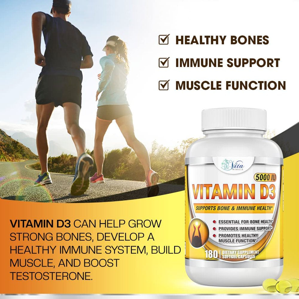 Vitamin D3 5000 IU Softgels High Potency Vitamin D Supplements for Women Men in Organic Flaxseed Oil May Support Healthy Bones Heart Muscle Function Immune Support Pure Vitamin D 3 Pills (180 Count)