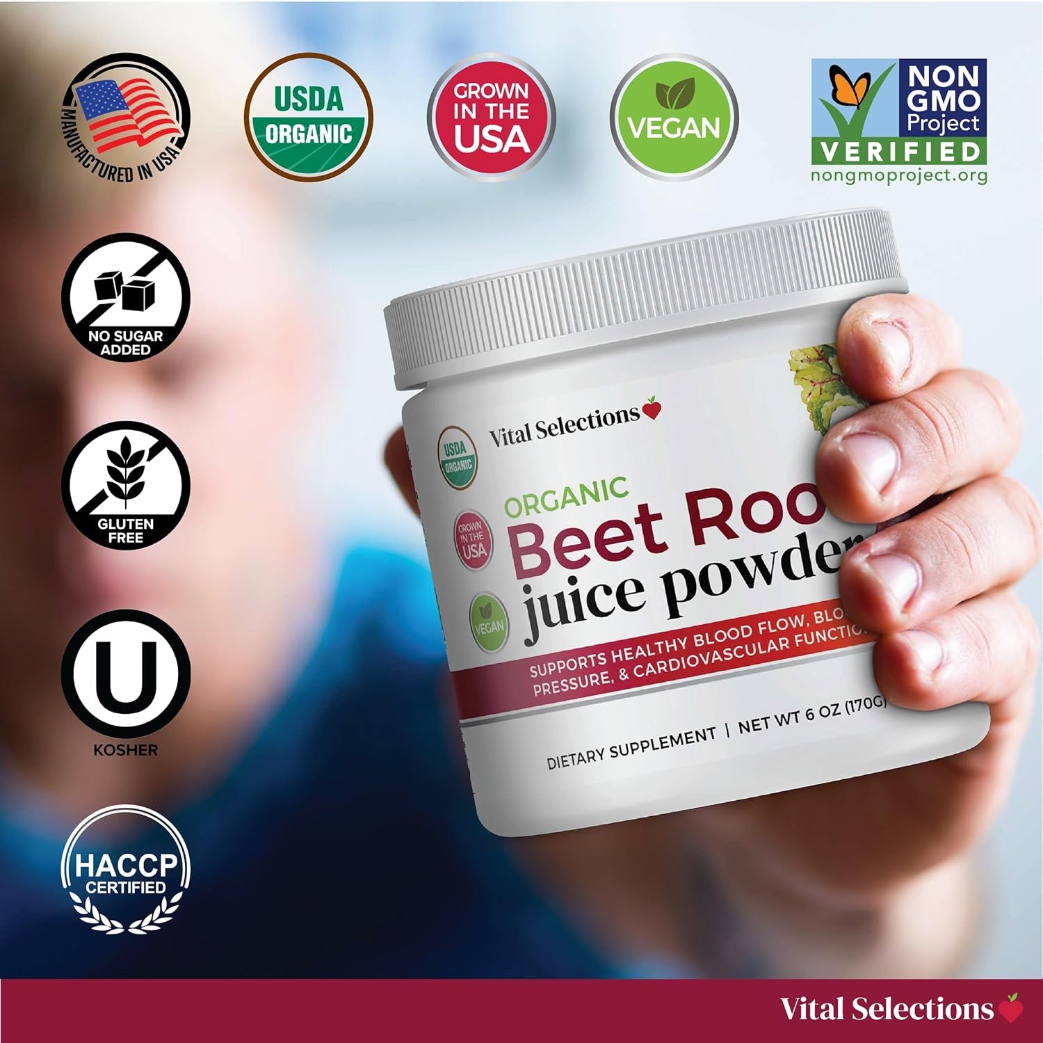 Vital Selections 100% Organic Beet Root Juice Powder, Highest Purity and Potency, USA Grown, Superior Beet Drying Technology, Maximum Nitric Oxide Boost for Cardio Support and Athletic Performance