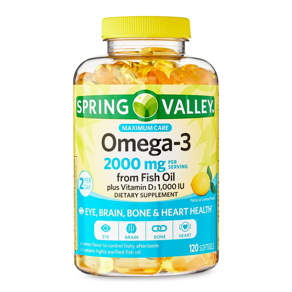 Spring Valley Maximum Care Omega-3 from Fish Oil Eye Brain Bone & Heart Health Dietary Supplement Softgels, 2000 Mg, 120 Count