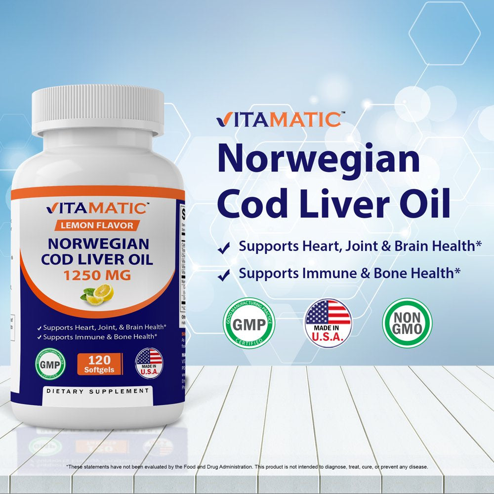 2 Pack - Vitamatic Norwegian Cod Liver Oil 1250Mg 120 Softgels (Lemon Flavor) - Promotes Cardiovascular Health Total 240 Softgels