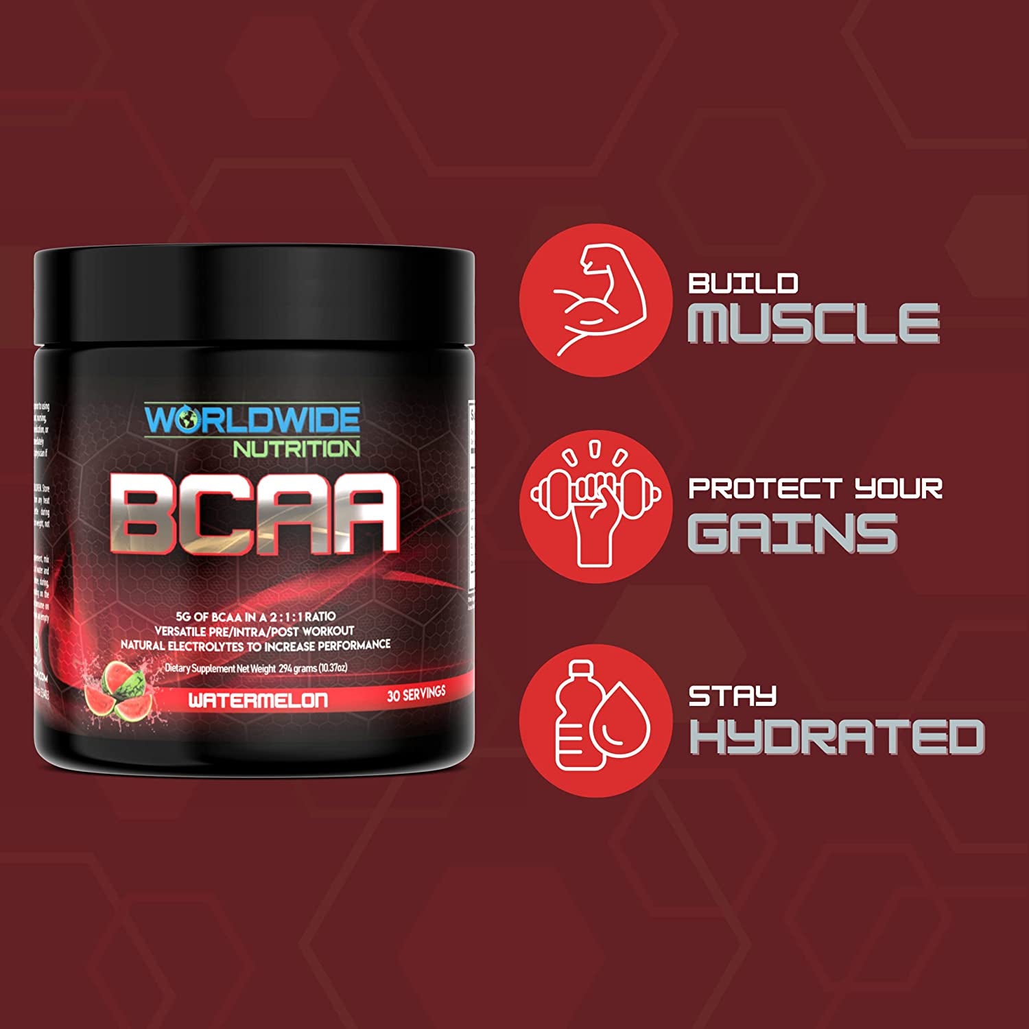 Worldwide Nutrition BCAA Powder - Branched Chain Amino Acids -2:1:1 Ratio Pre Intra Post Workout Supplement for Men and Women - Natural Electrolytes Powder for BCAA Energy - Watermelon - 30 Servings