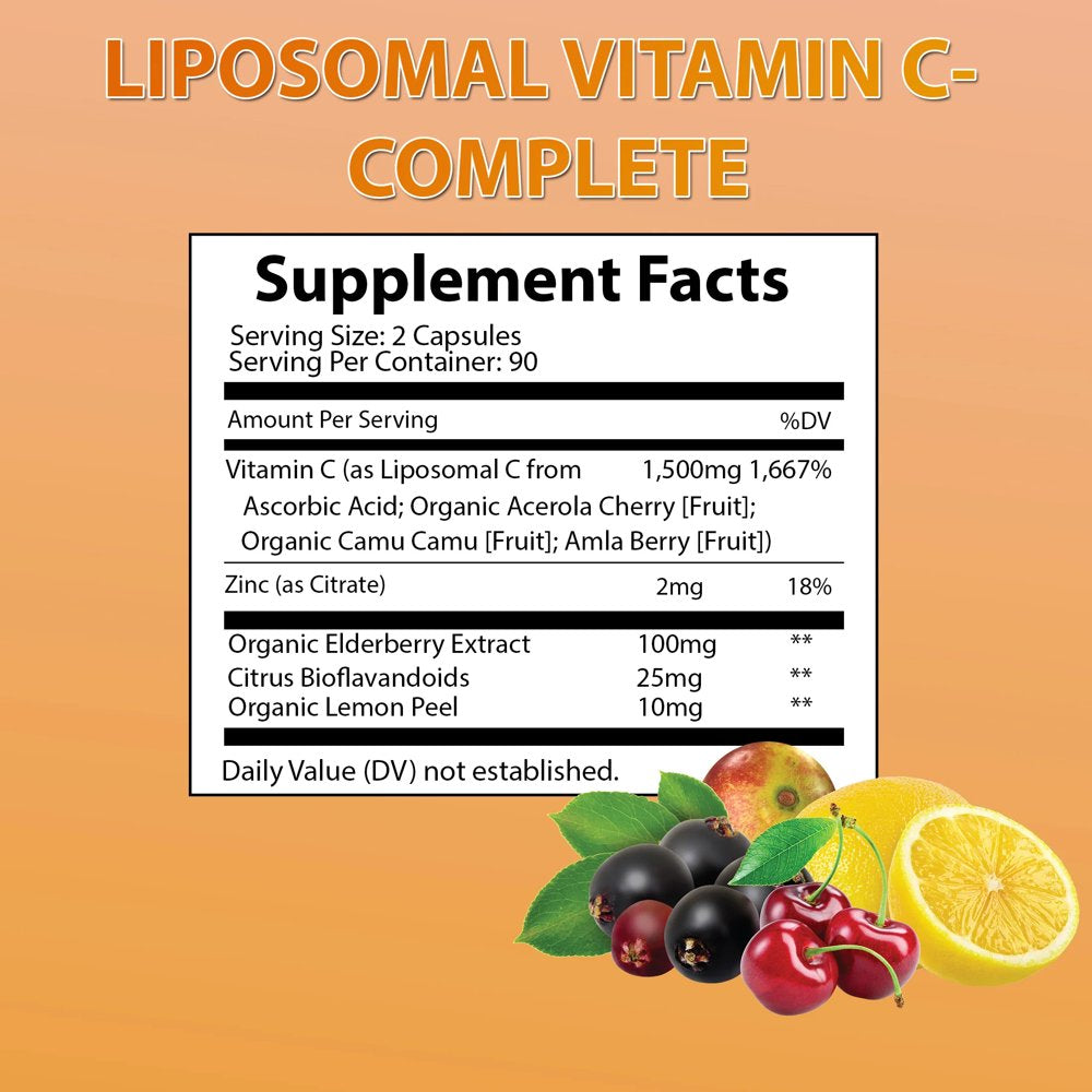 Liposomal Vitamin C with Zinc Organic Elderberry 1500Mg, 180 Capsules