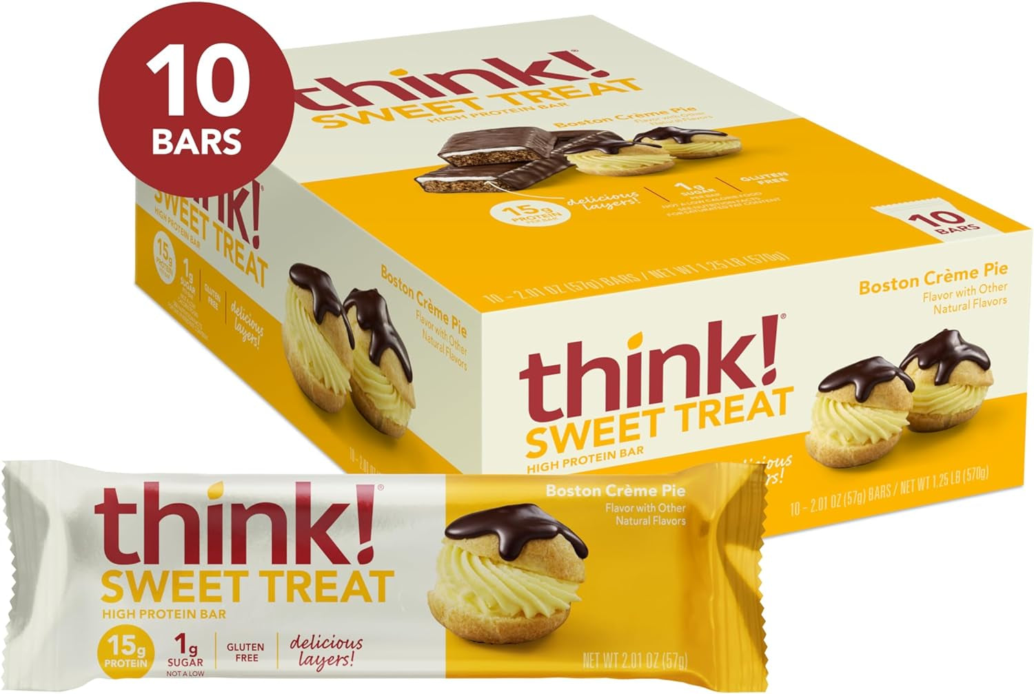 Think! Protein Bars, High Protein Snacks, Gluten Free, Kosher Friendly, Sweet Treat, Boston Creme Pie, 10 Count