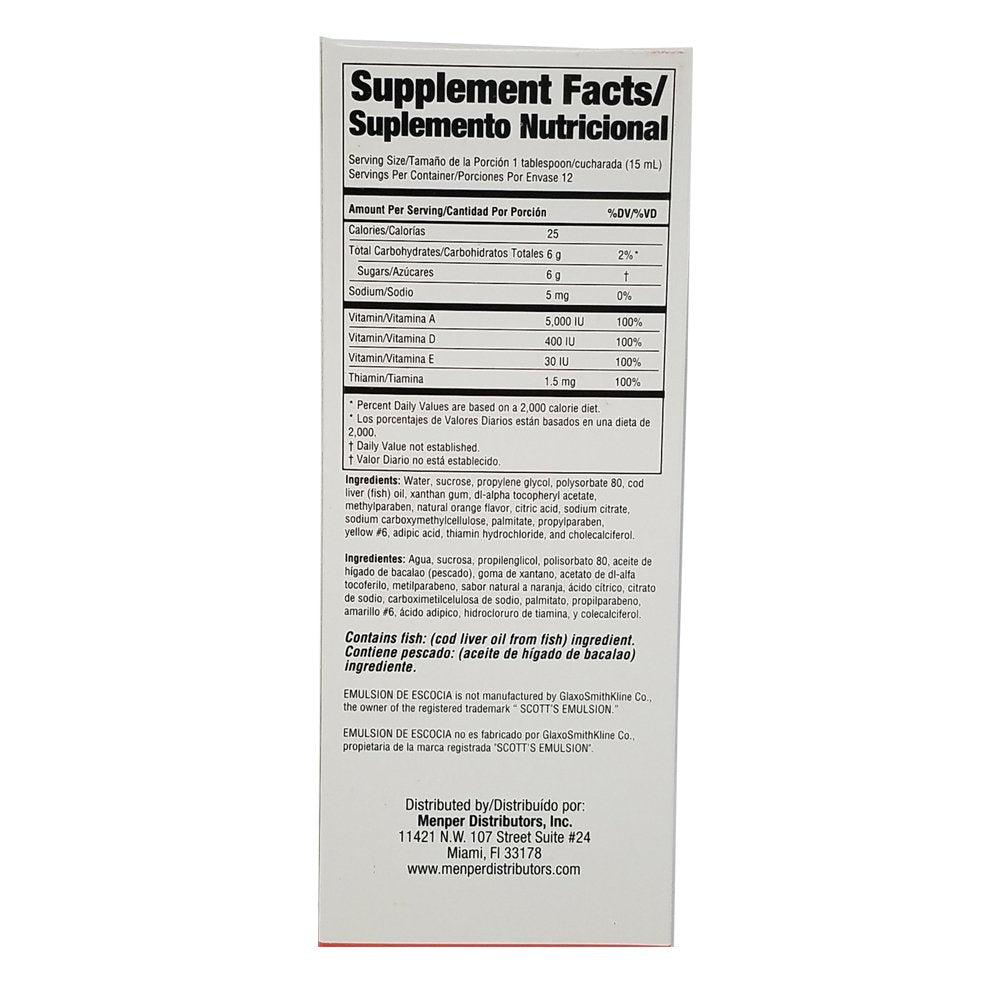 Emulsion De Escocia. Cod Liver Oil Dietary Supplement. Rich in Vitamins A, D, E and B1. Orange Flavored. 6.5 Fl.Oz / 192 Ml. Pack of 3