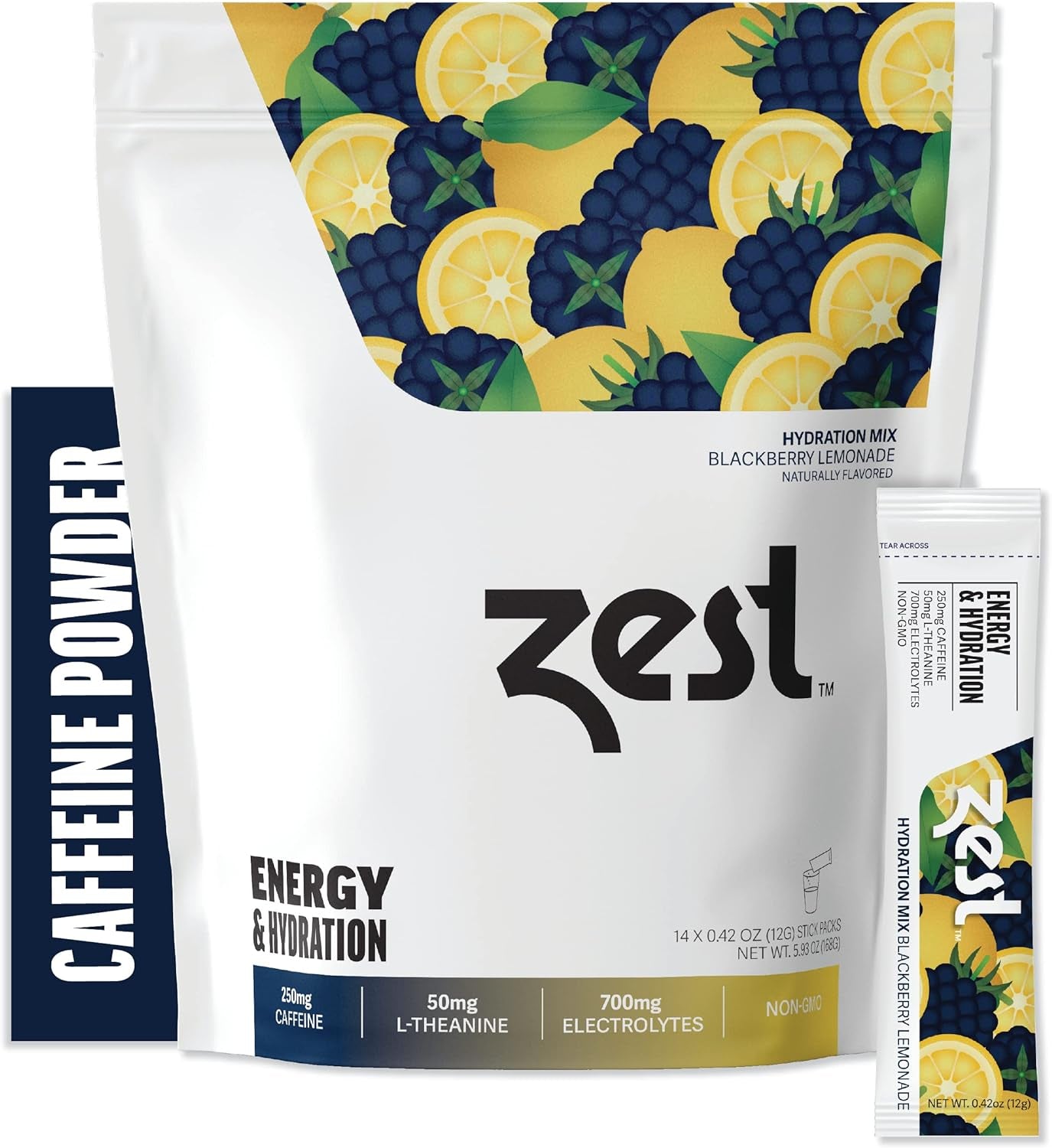 Zest Caffeine Powder 250Mg - Natural Caffeine Energy & Electrolyte Powder - Blackberry Lemonade - Mix W/Water - 14 Packets - Low Sugar Liquid Rehydration - Pre Workout Drink - IV Pillars of Hydration