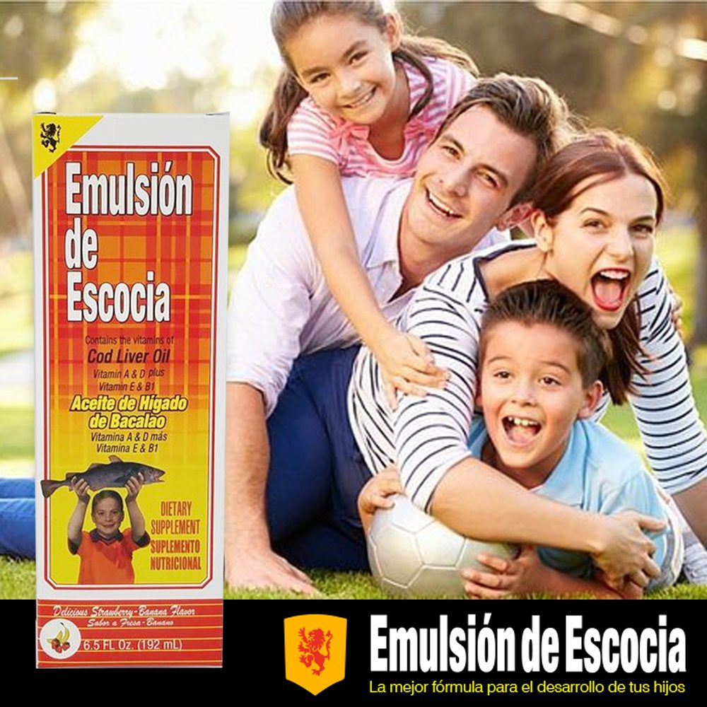 Emulsion De Escocia. Cod Liver Oil Dietary Supplement. Rich in Vitamins A, D, E and B1. Strawberry & Banana Flavour. 6.5 Fl.Oz. Pack of 3