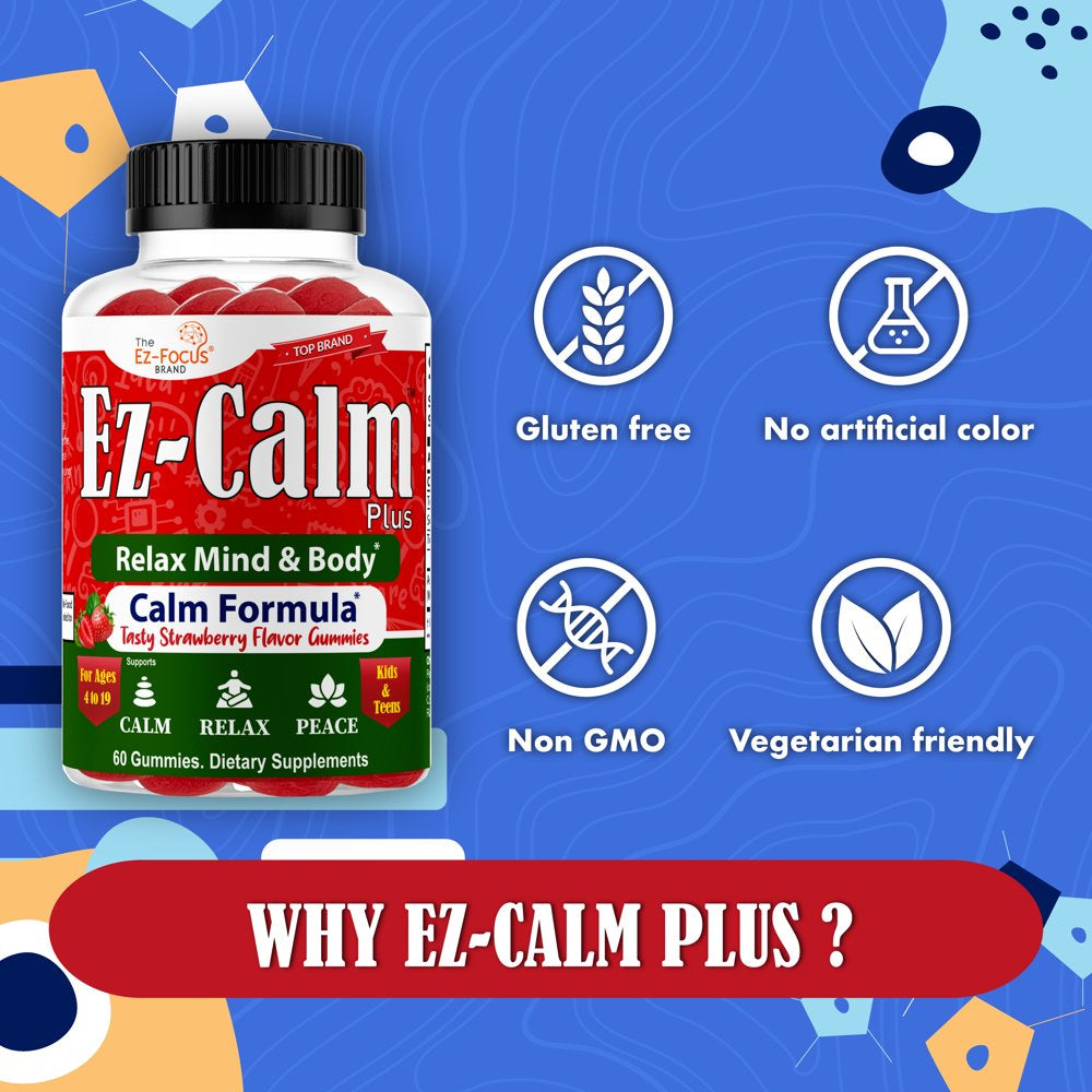 Ez-Calm Ashwagandha Root Gummies for Kids & Teens, Support Calm Mood and Focus, Sleep, anti Stress, Memory, Energy, Relaxation, Low Sugar Vegan Ashwagandha Gummies Strawberry Flavored- 60 Gummies