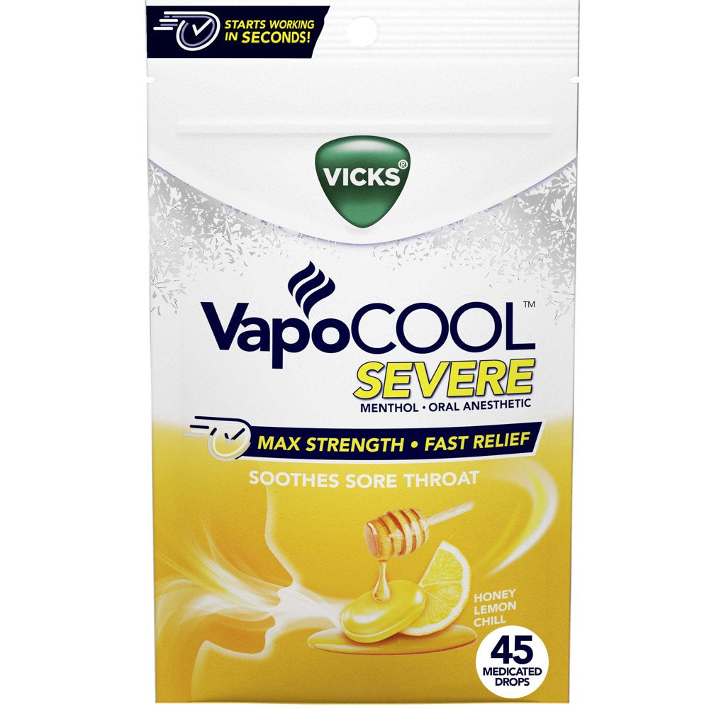 Vicks Vapocool Severe Medicated Sore Throat Drops, Menthol, Over-The-Counter Medicine, Lemon, 45 Ct